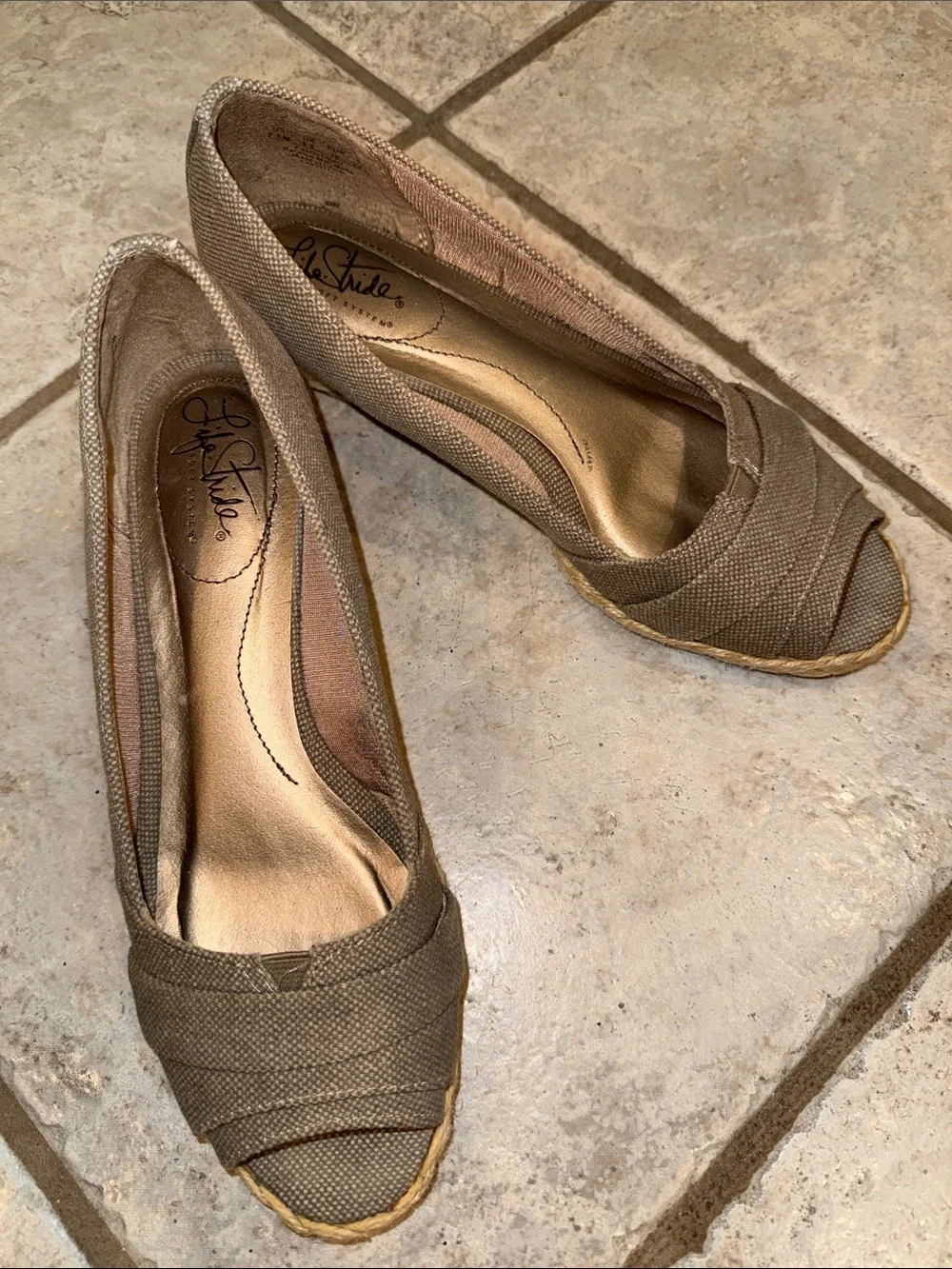 Life Stride Taupe Canvas Peep-Toe Espadrilles